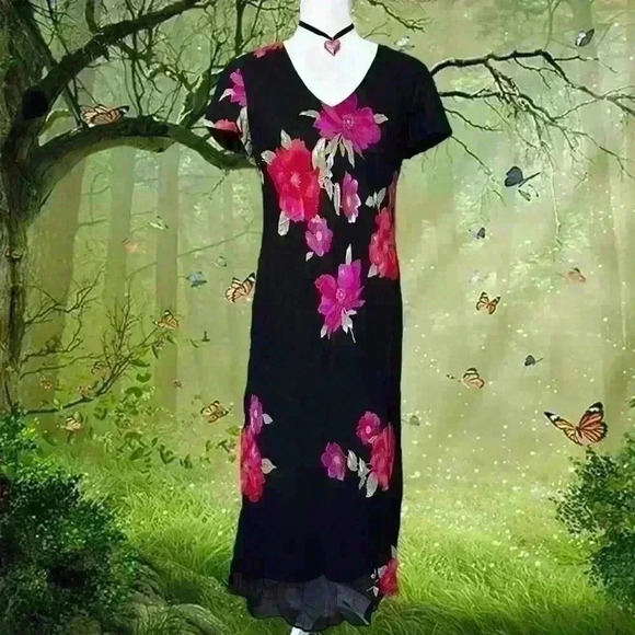 Y2k 90s Vintage Black Floral Maxi Dress By Evan Picone Size 8 - Picture 1 of 7